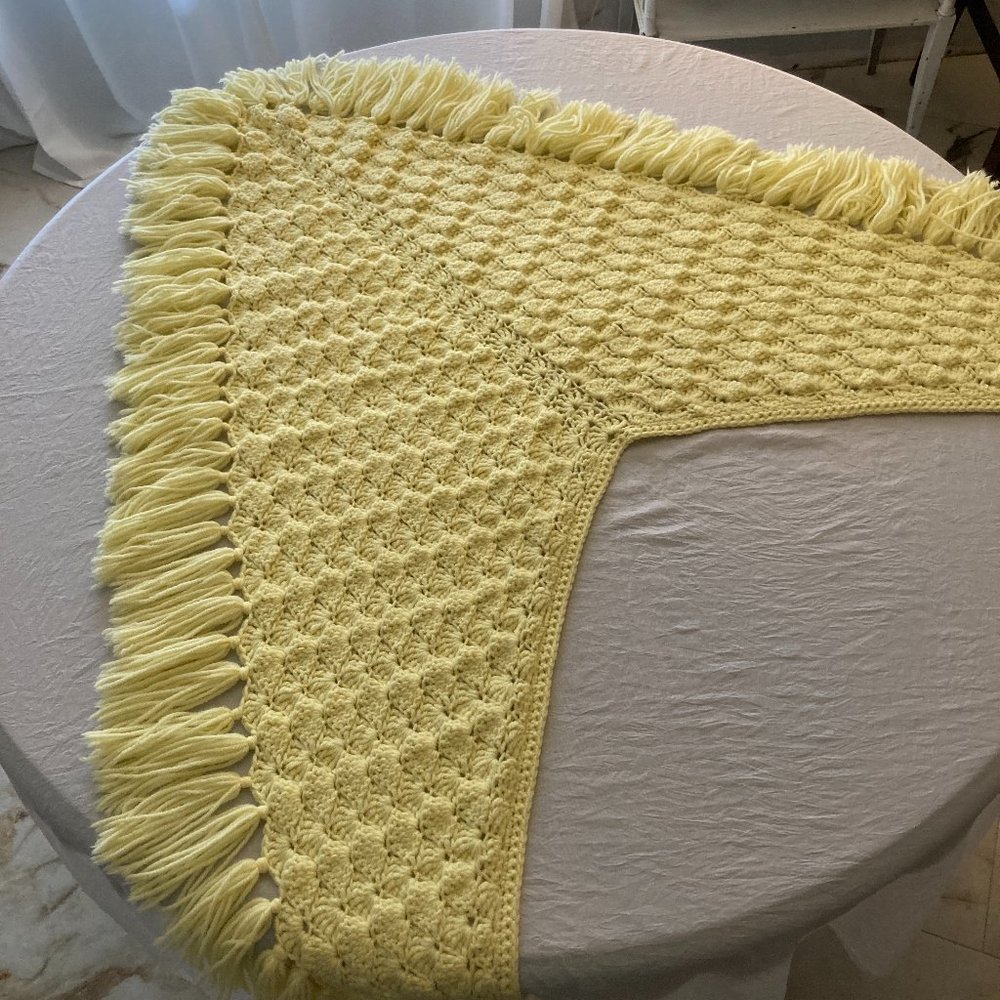 Fringed Shawl HANDMADE Lemon Chiffon Cozy Soft Winter Spring Bohemian Vintage